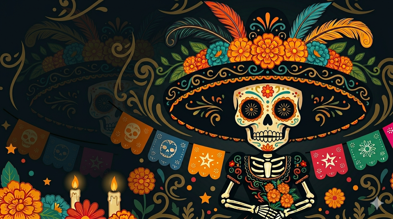 Catrina mexicana rodeada de cempasúchil, papel picado y velas
